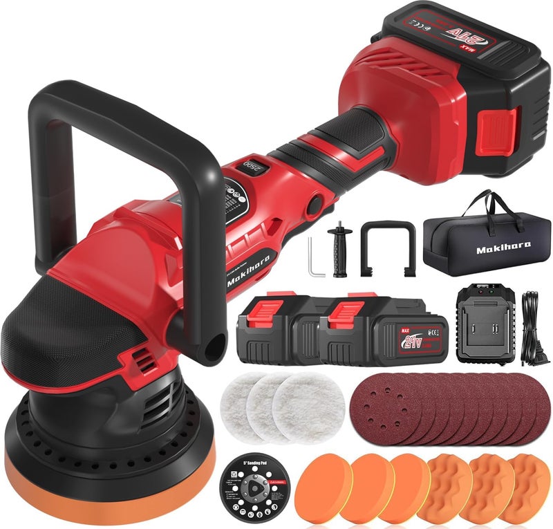 Makihara Cordless Buffer Polisher, 5 Inch Random Orbital Car Polisher, 6 Variable Speed 1000-5200 RPM, 21V 3.0Ah Batteries, 28Pcs Attachments, Polisher for Car Detailing, Boat Sanding, Scratch Removing - Image 1
